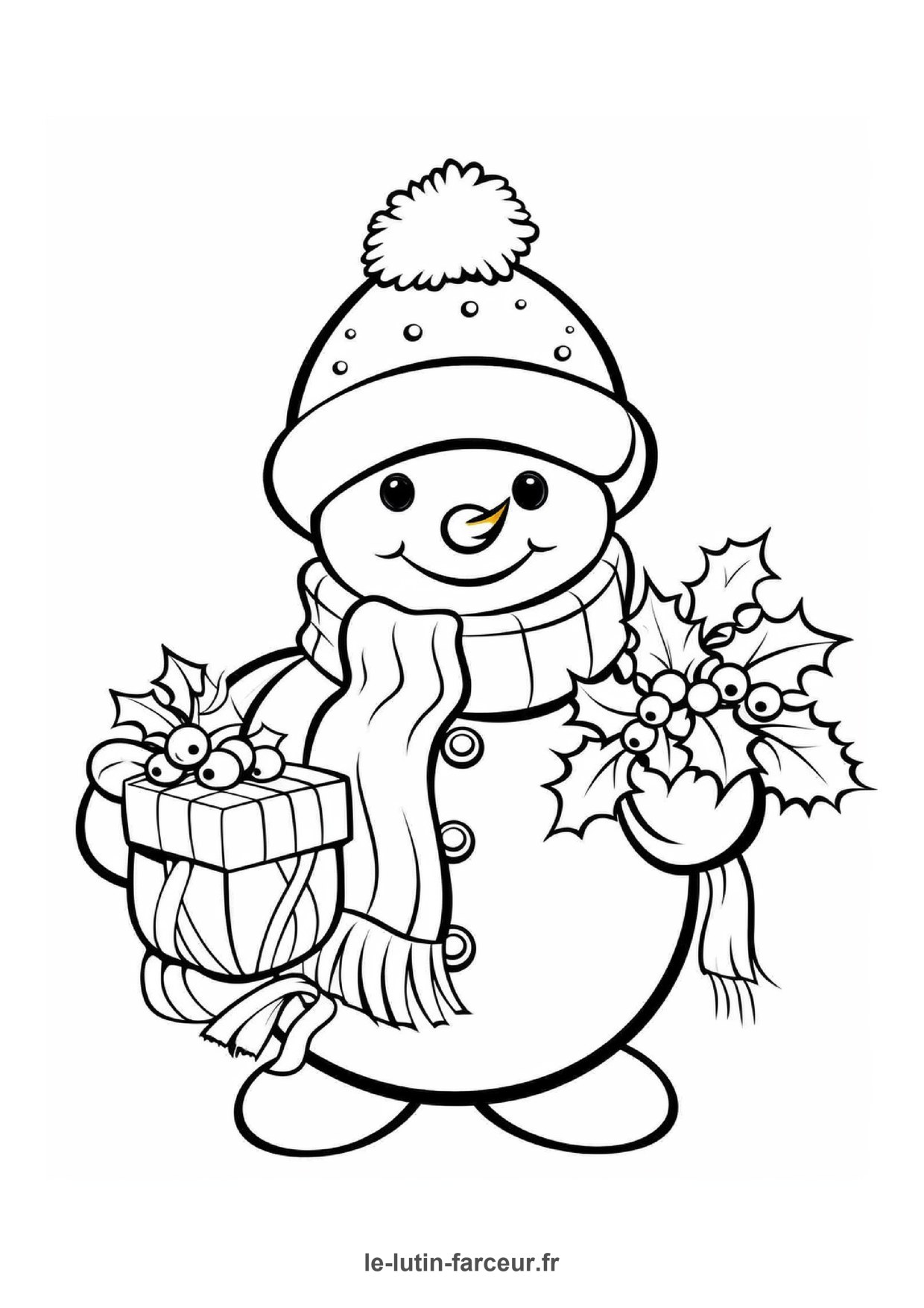 Coloriage bonhomme de neige cadeau houx