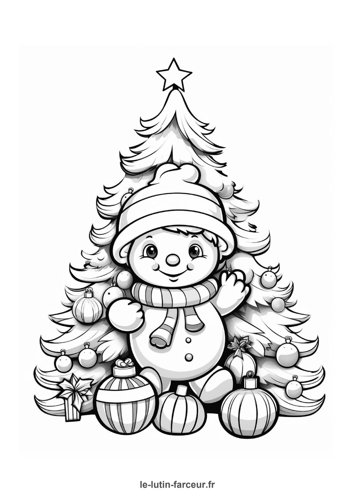 Coloriage bonhomme de neige cadeaux pres sapin
