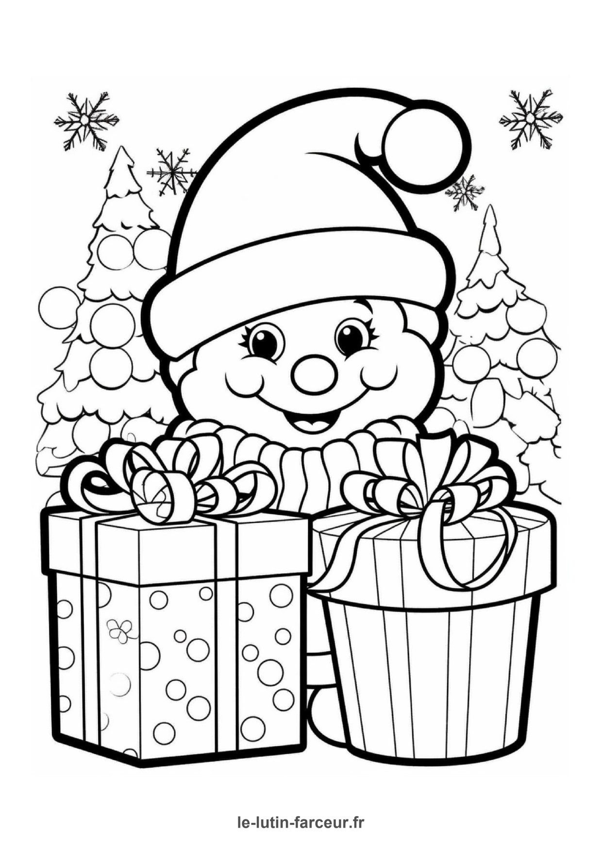 Coloriage bonhomme de neige cadeaux sapin
