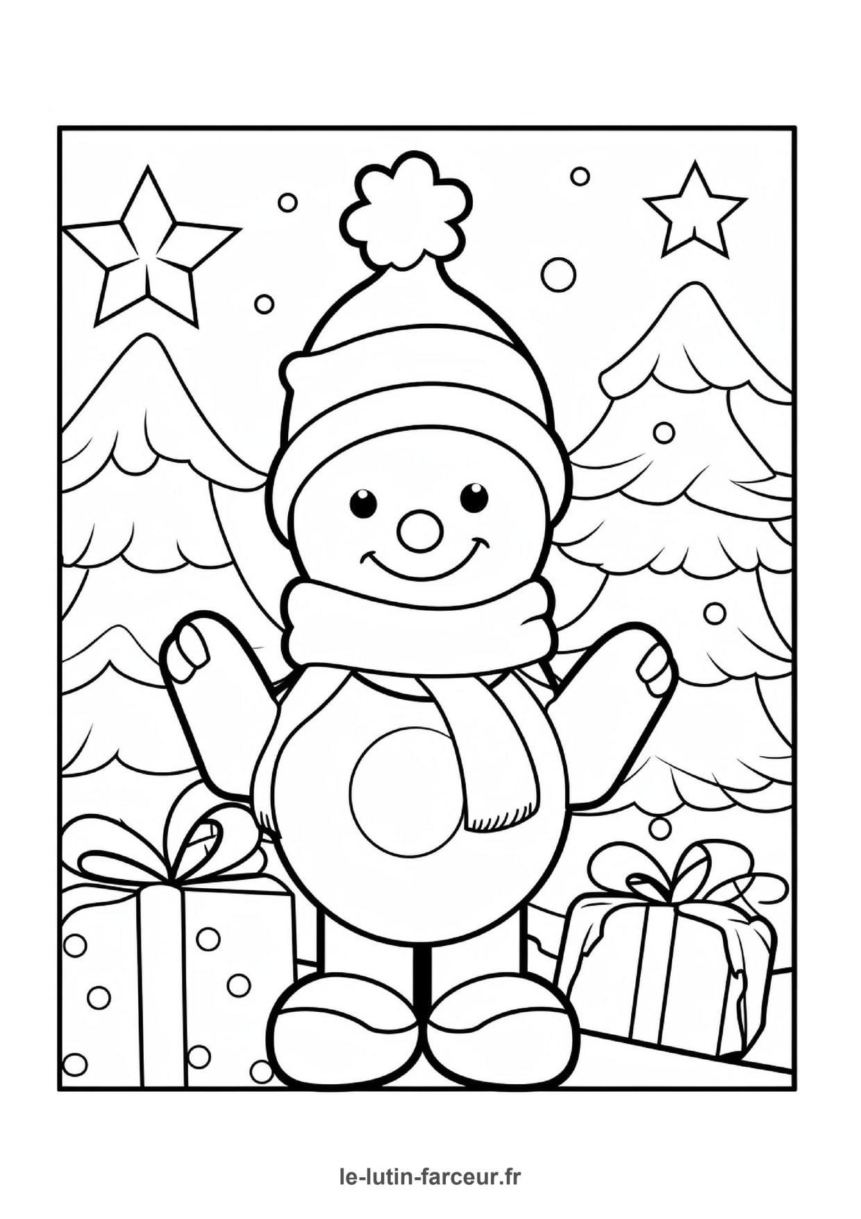 Coloriage bonhomme de neige cadeaux sapins