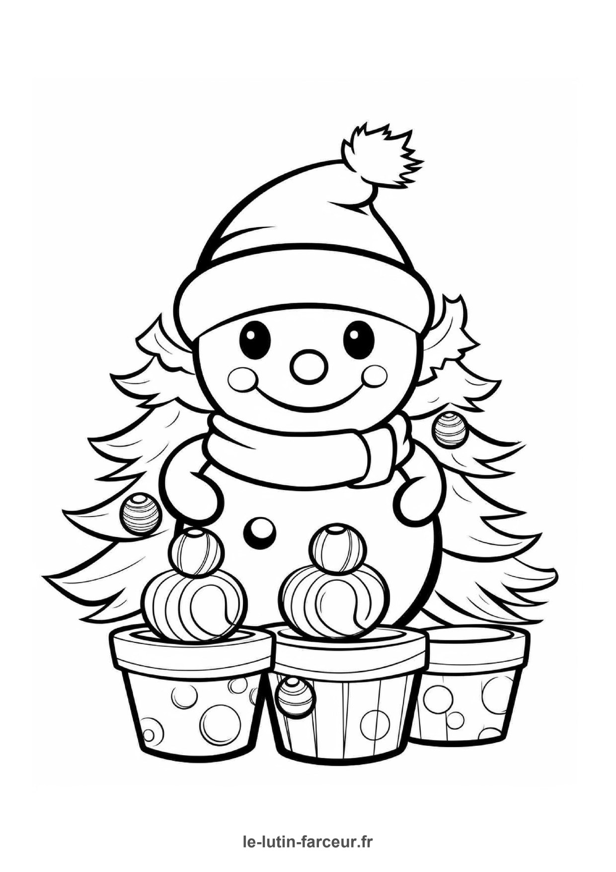 Coloriage bonhomme de neige paniers pres sapin