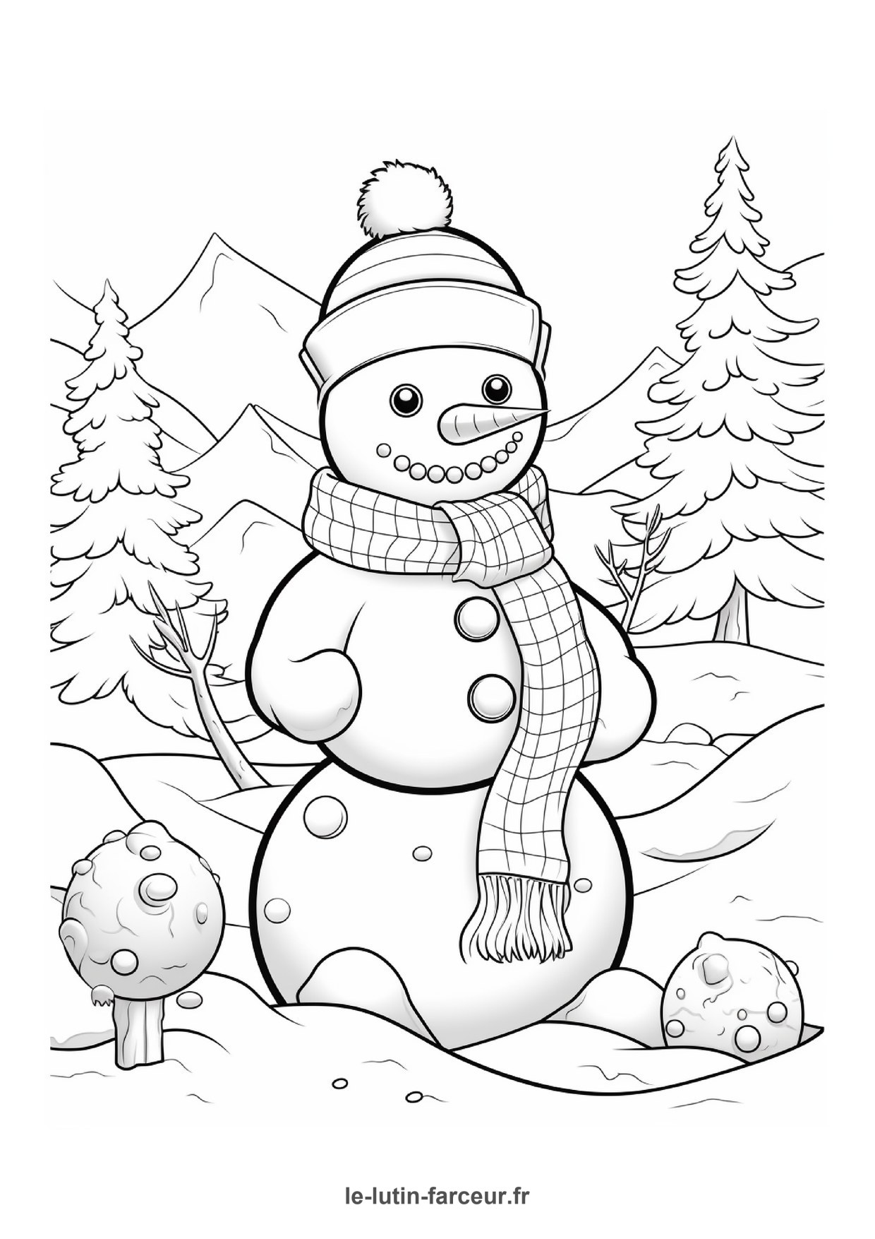 Coloriage bonhomme de neige paysage montagne