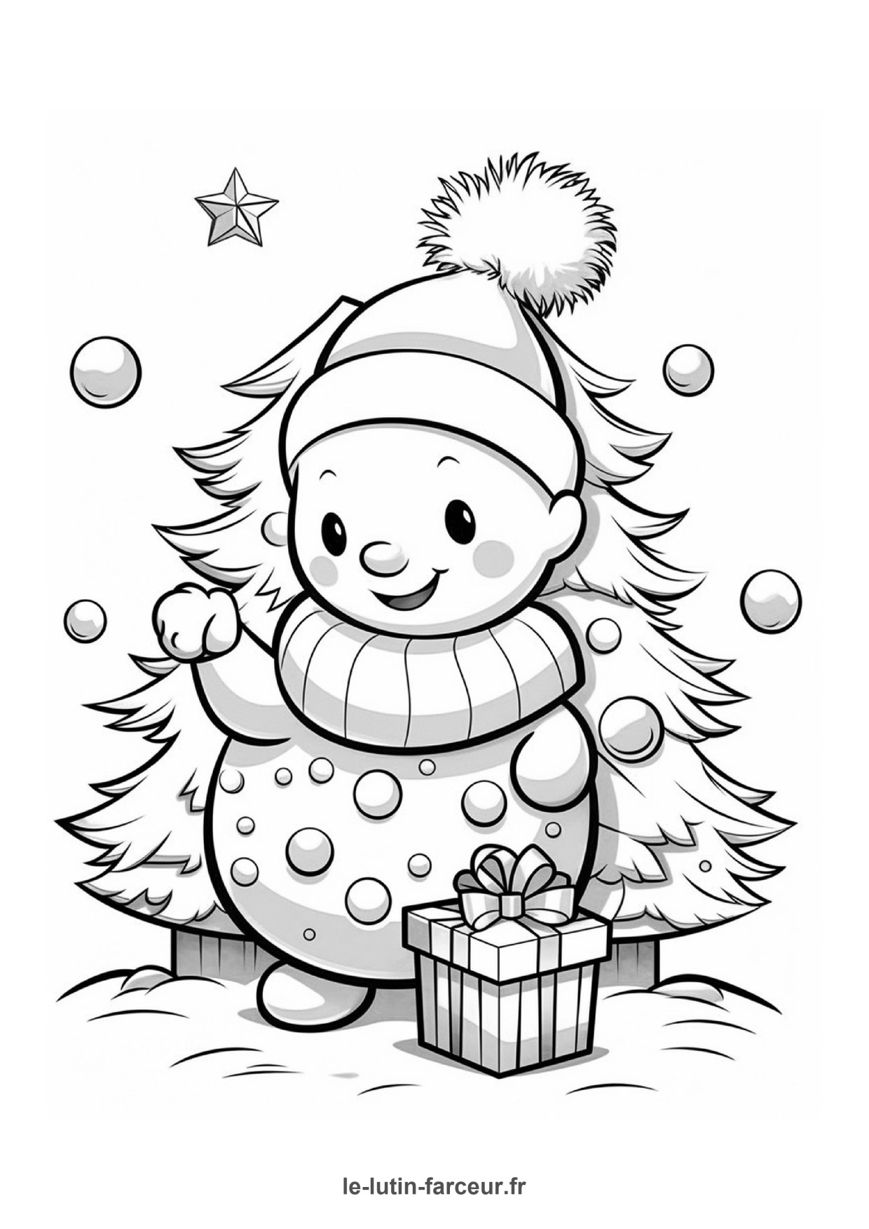 Coloriage bonhomme de neige pres sapin cadeaux 3