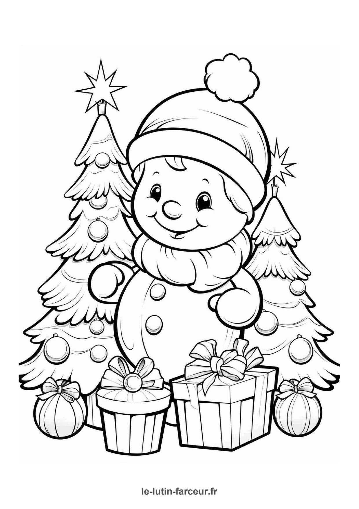 Coloriage bonhomme de neige pres sapin cadeaux 4