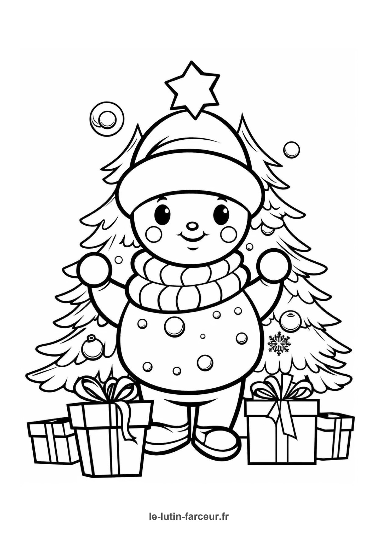 Coloriage bonhomme de neige pres sapin cadeaux 5