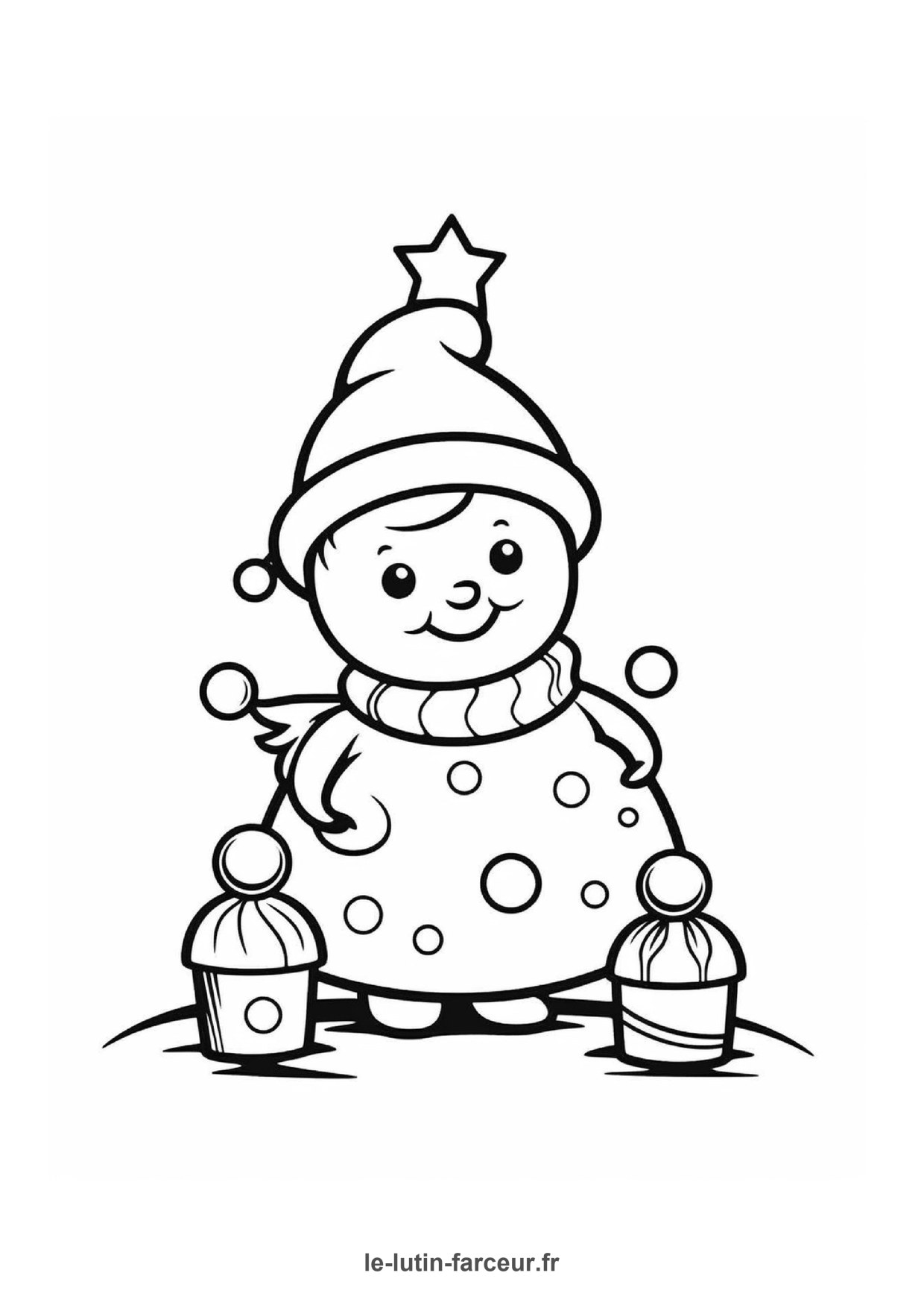 Coloriage bonhomme de neige pres sapin paniers