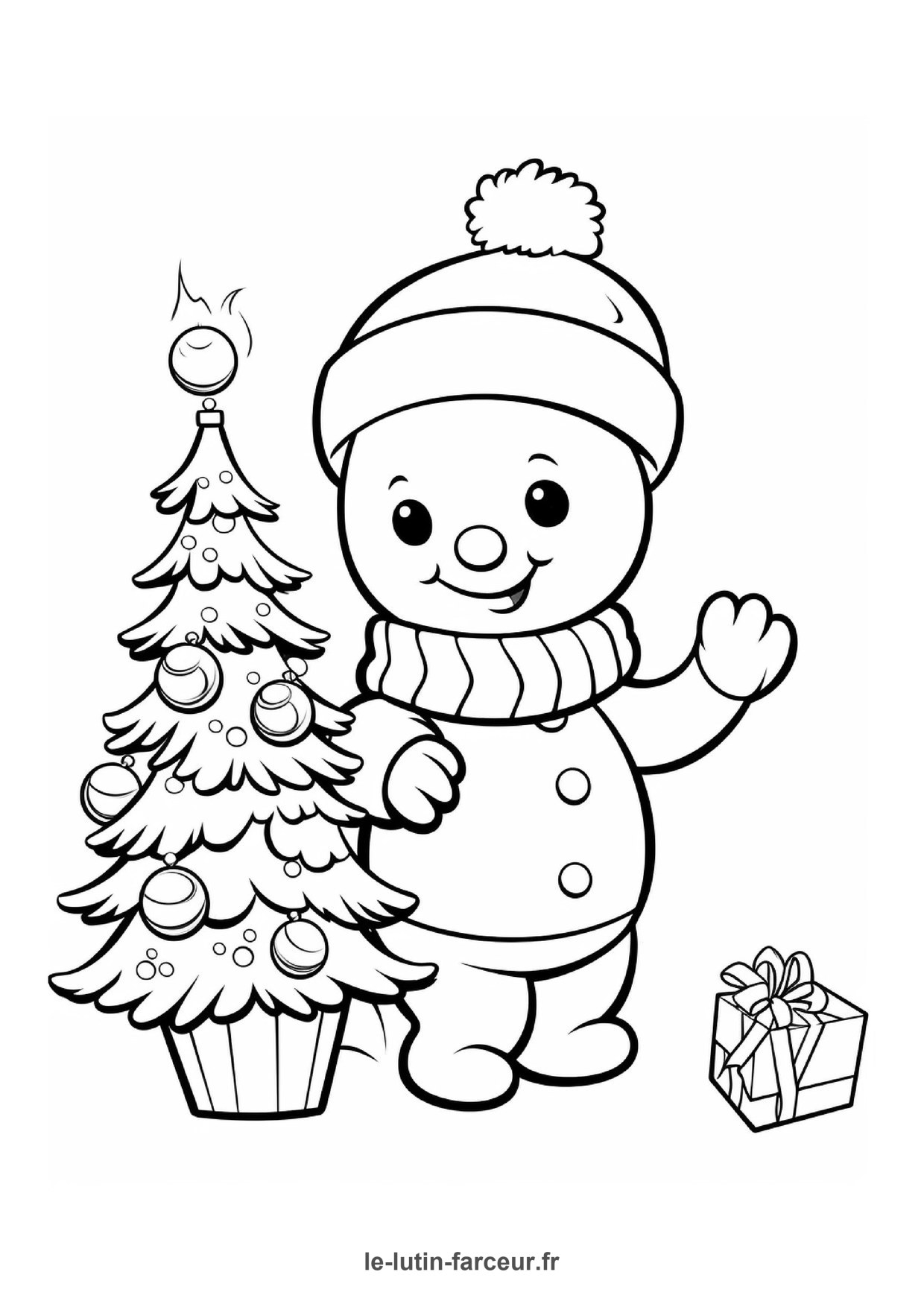 Coloriage bonhomme de neige salue pres sapin