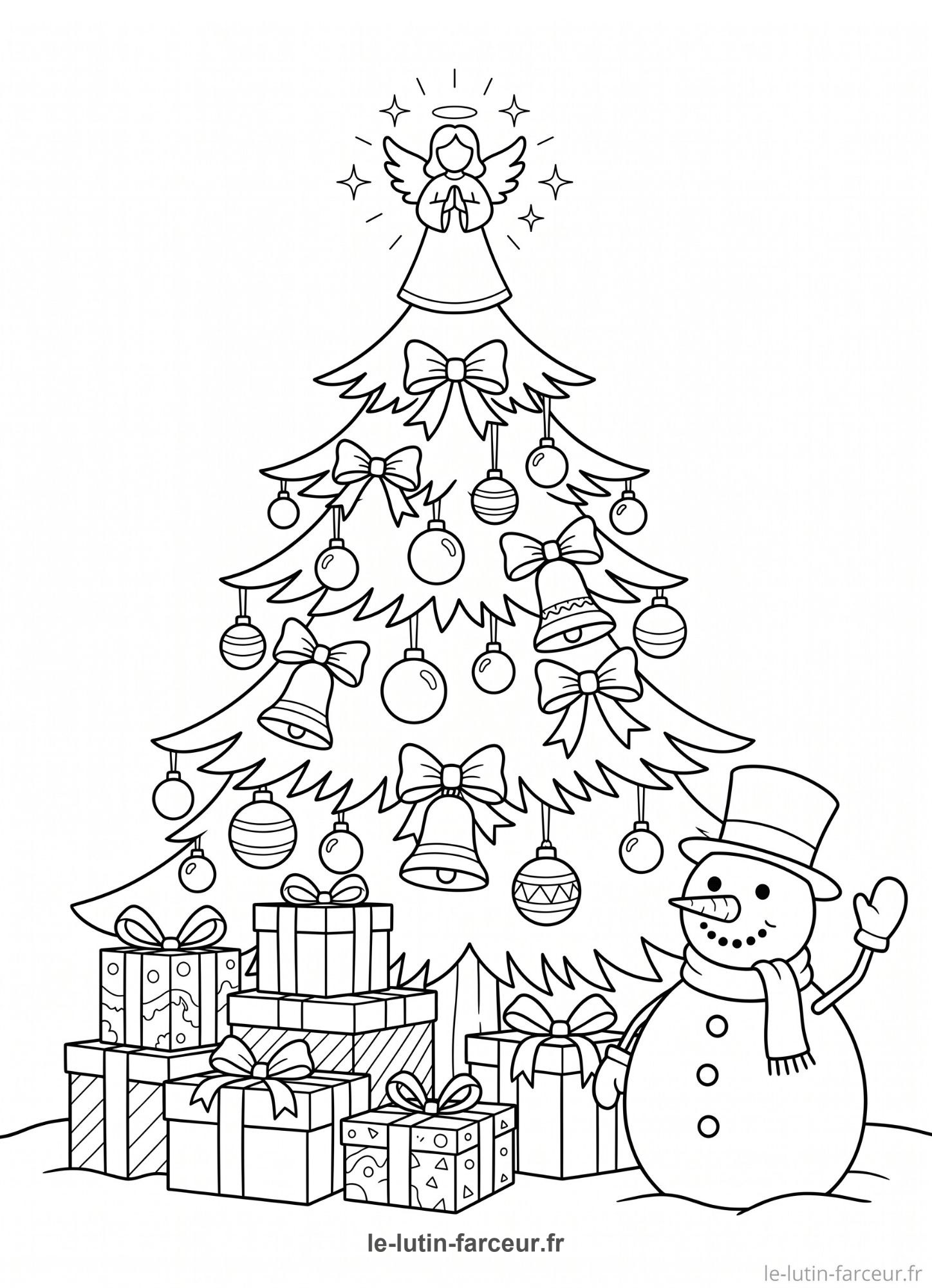 Coloriage de sapin de Noël avec ange et bonhomme de neige