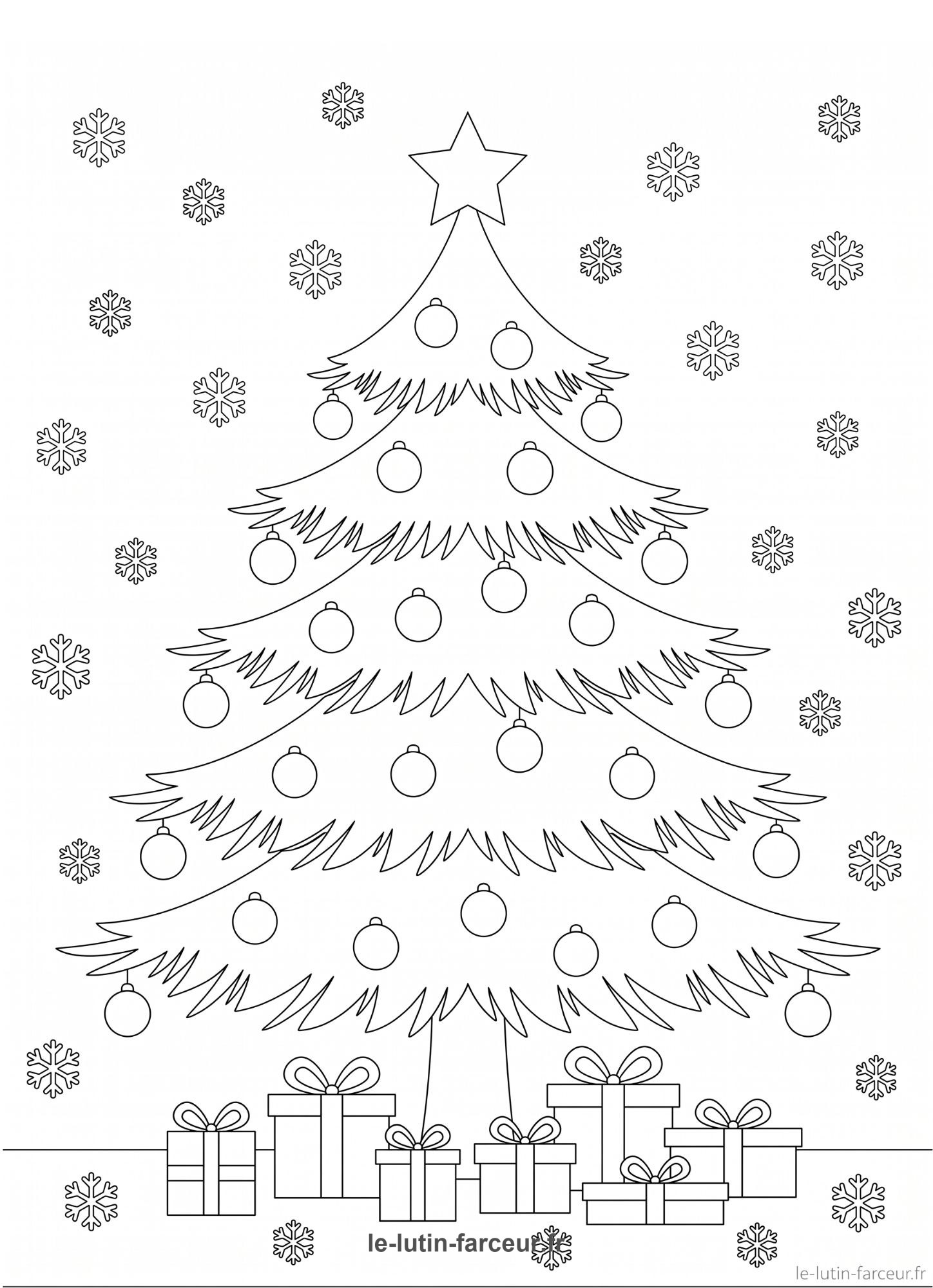 Coloriage de sapin de Noël avec boules, flocons et cadeaux