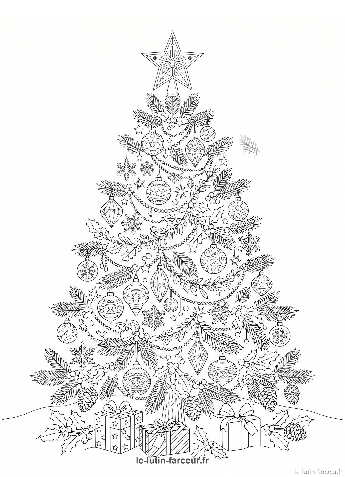 Coloriage de sapin de Noël avec boules, houx et cadeaux