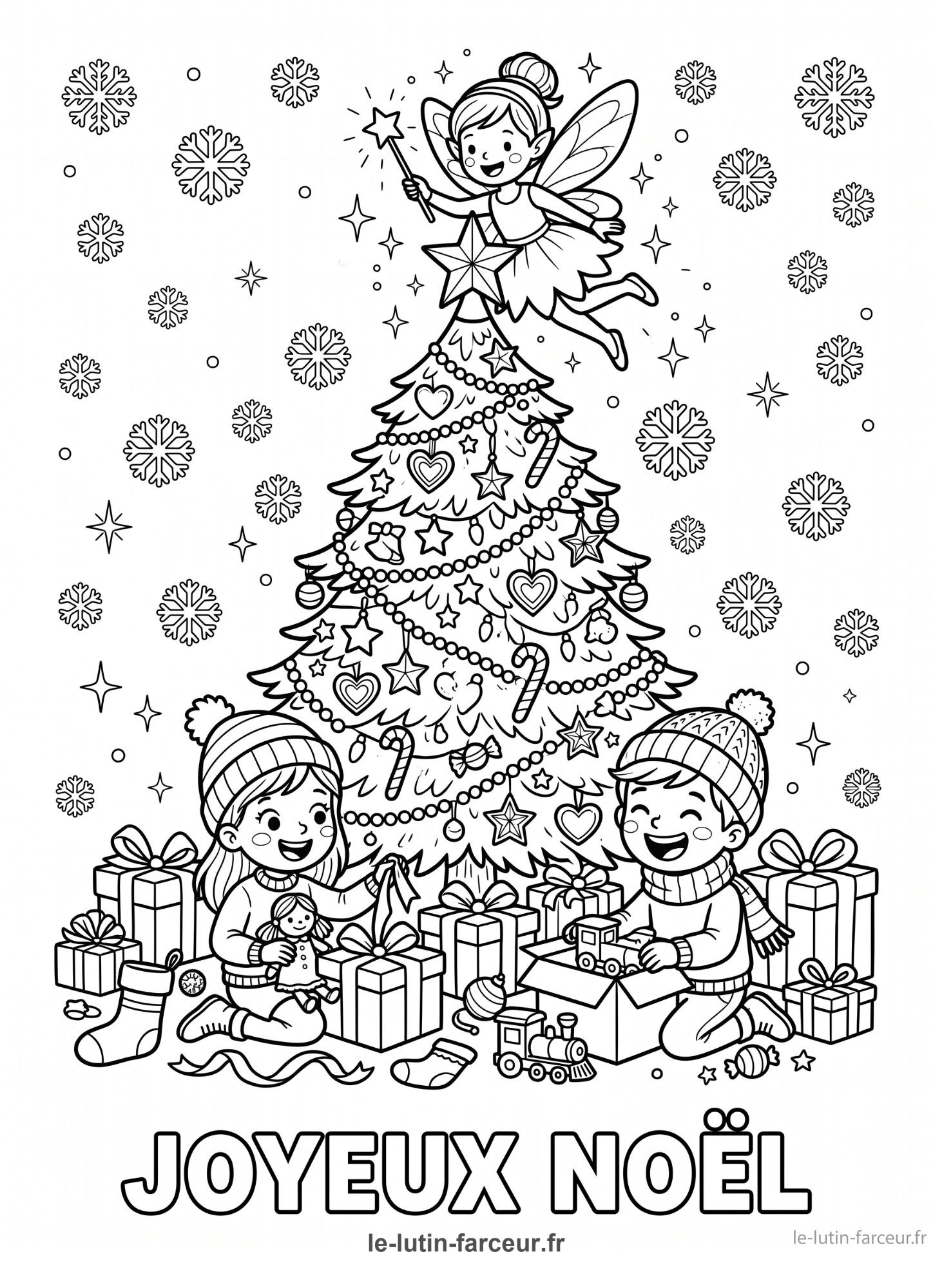 Coloriage de sapin de Noël avec fée et deux enfants, texte Joyeux Noël