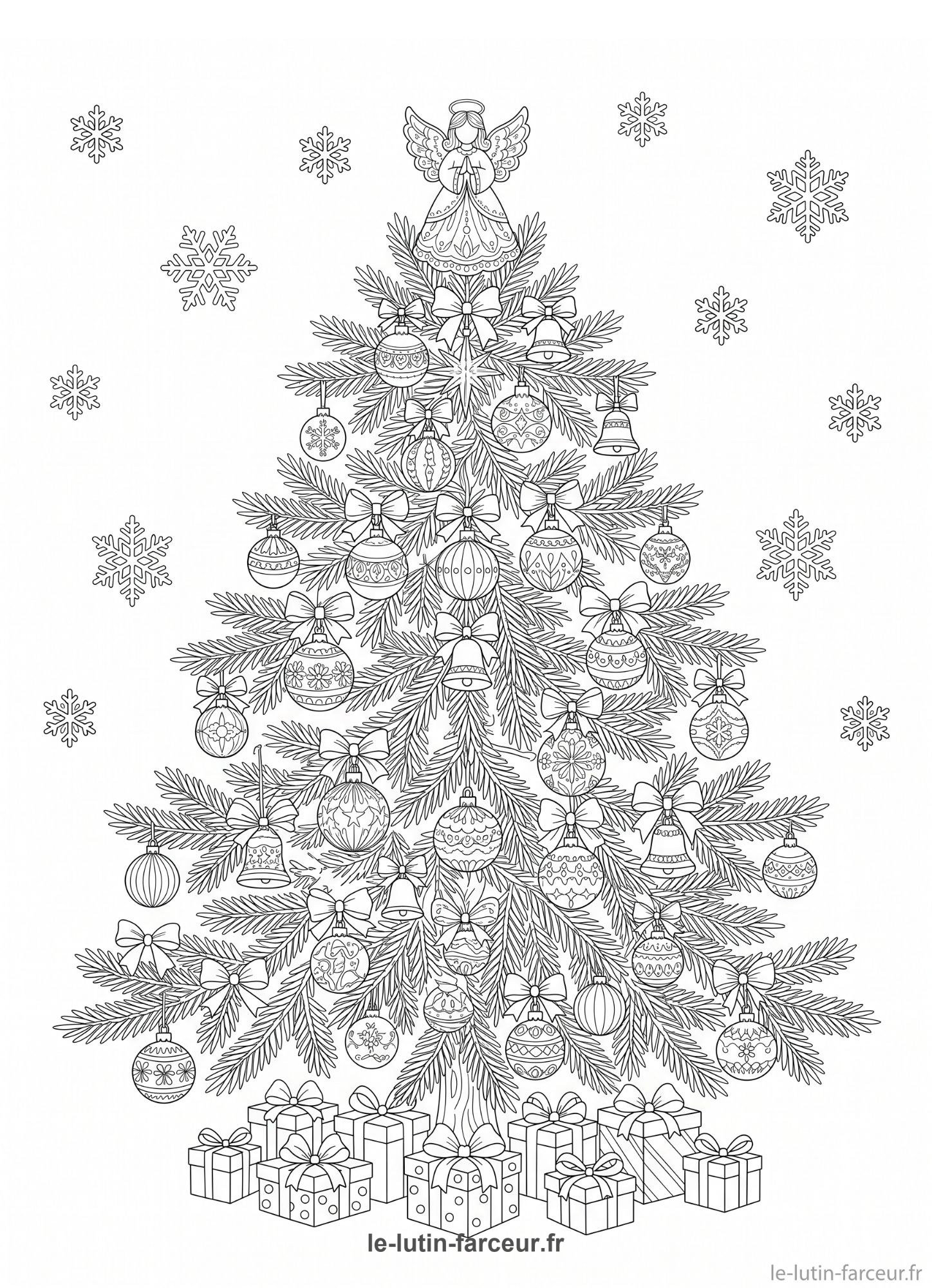 Coloriage de sapin de Noël décoré avec ange et flocons