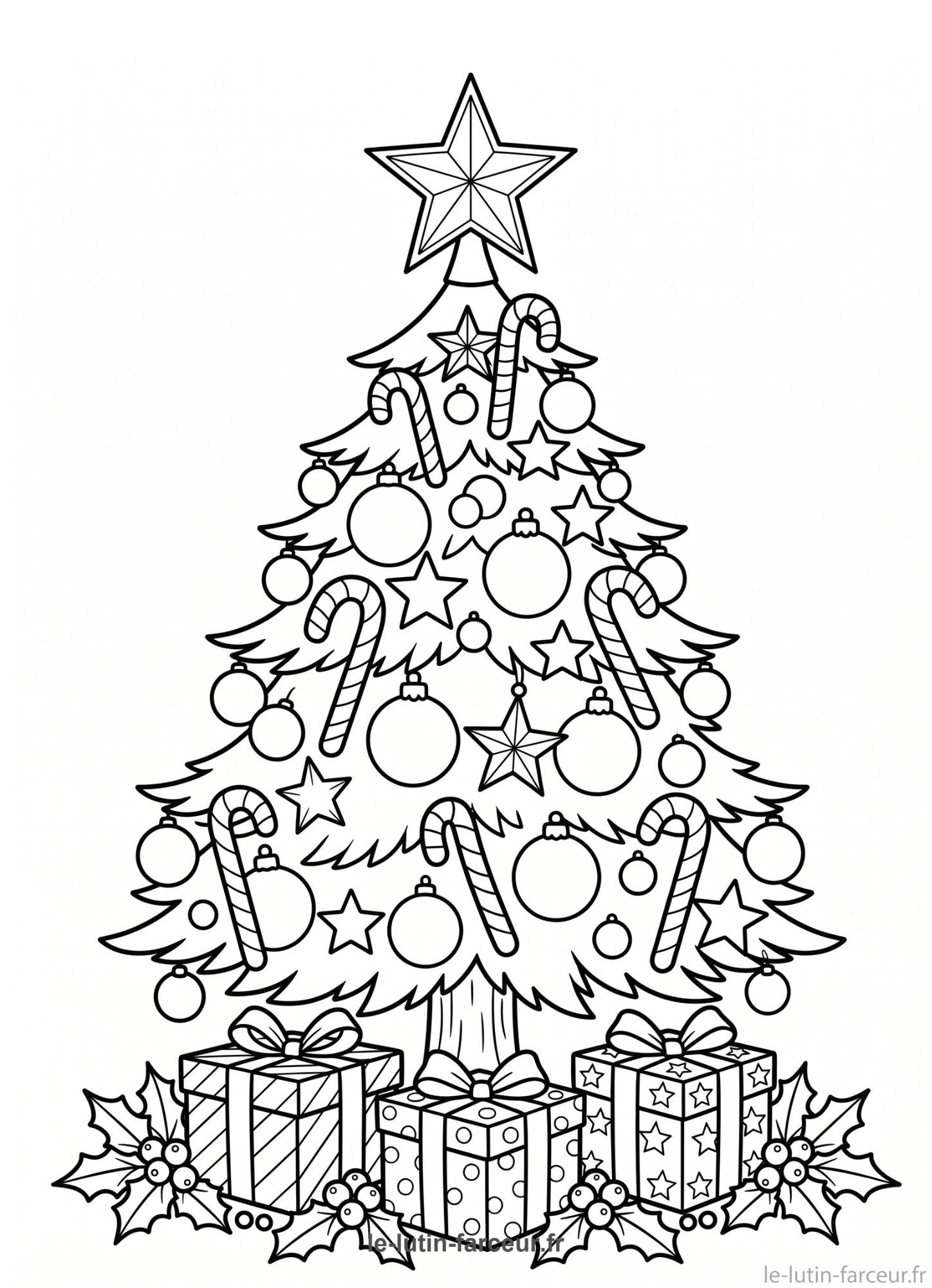Coloriage de sapin de Noël décoré avec sucres d'orge et cadeaux
