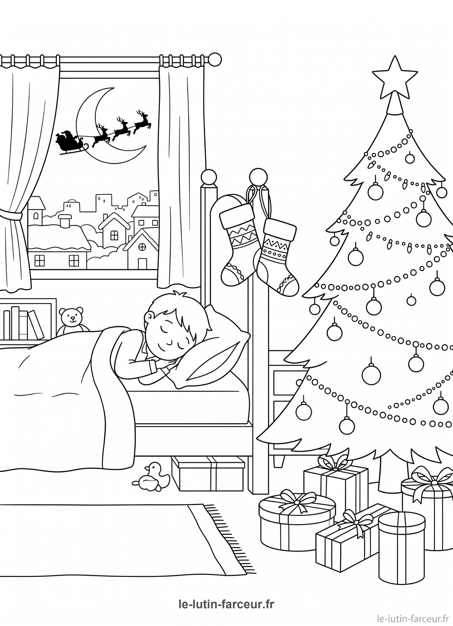 Coloriage de sapin de Noël dans une chambre d'enfant endormi