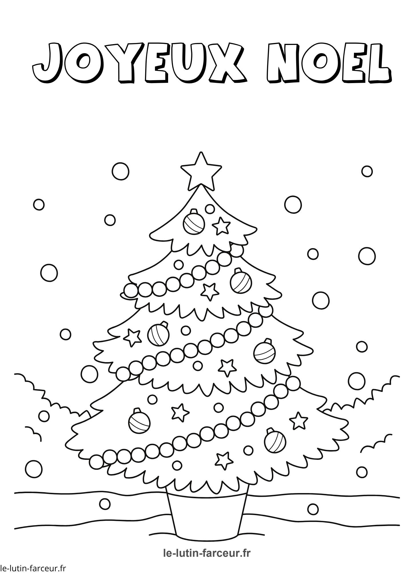 Coloriage de sapin de Noël en pot avec guirlandes, texte Joyeux Noël