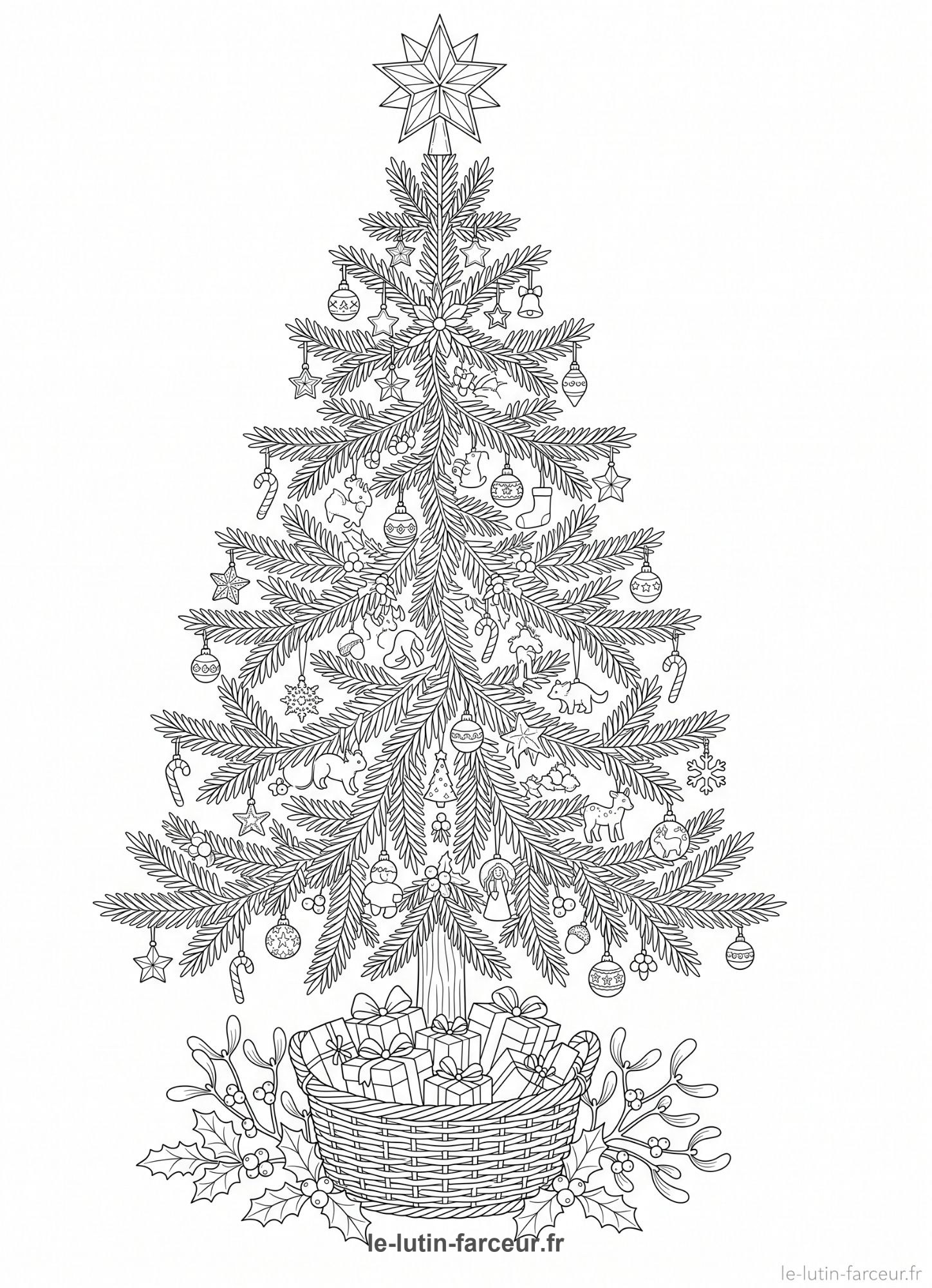 Coloriage de sapin de Noël réaliste dans un panier en osier