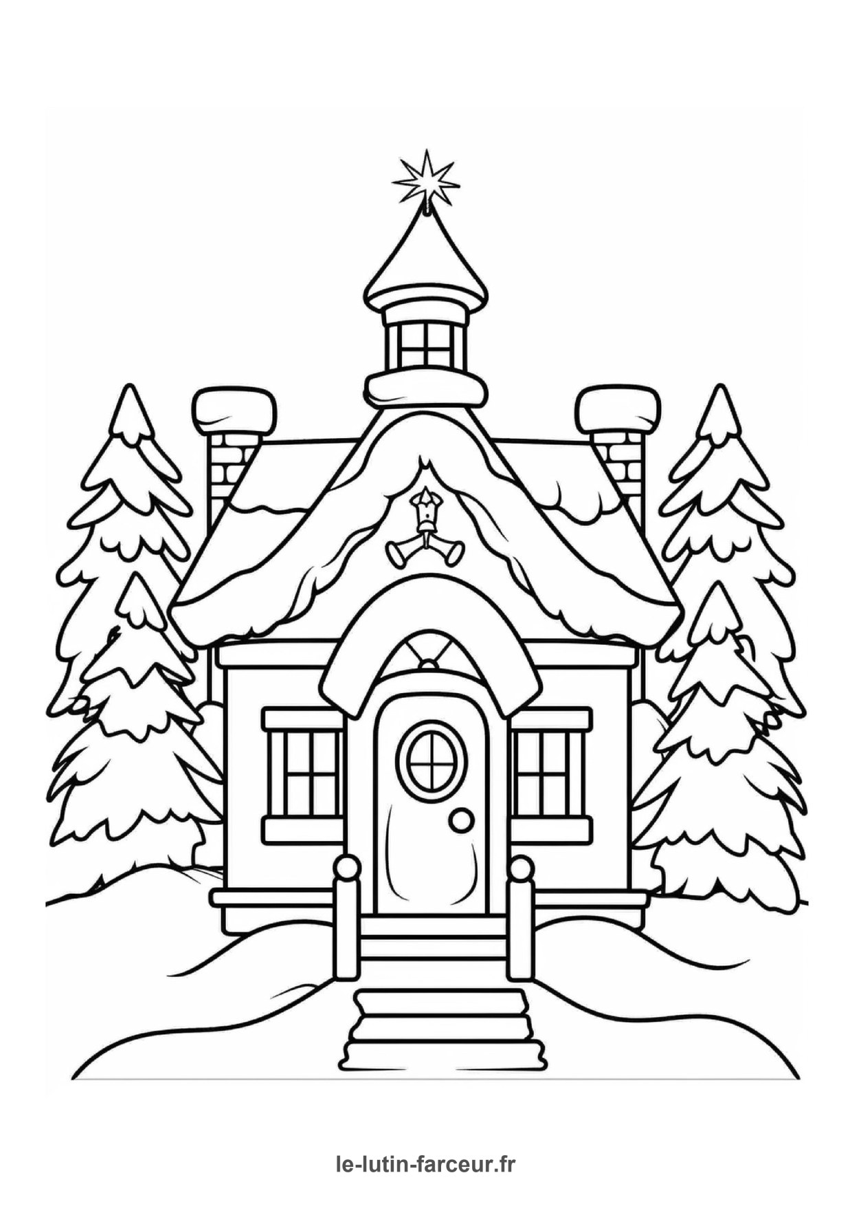 Coloriage de village de Noël : église enneigée avec sapins, à imprimer et colorier