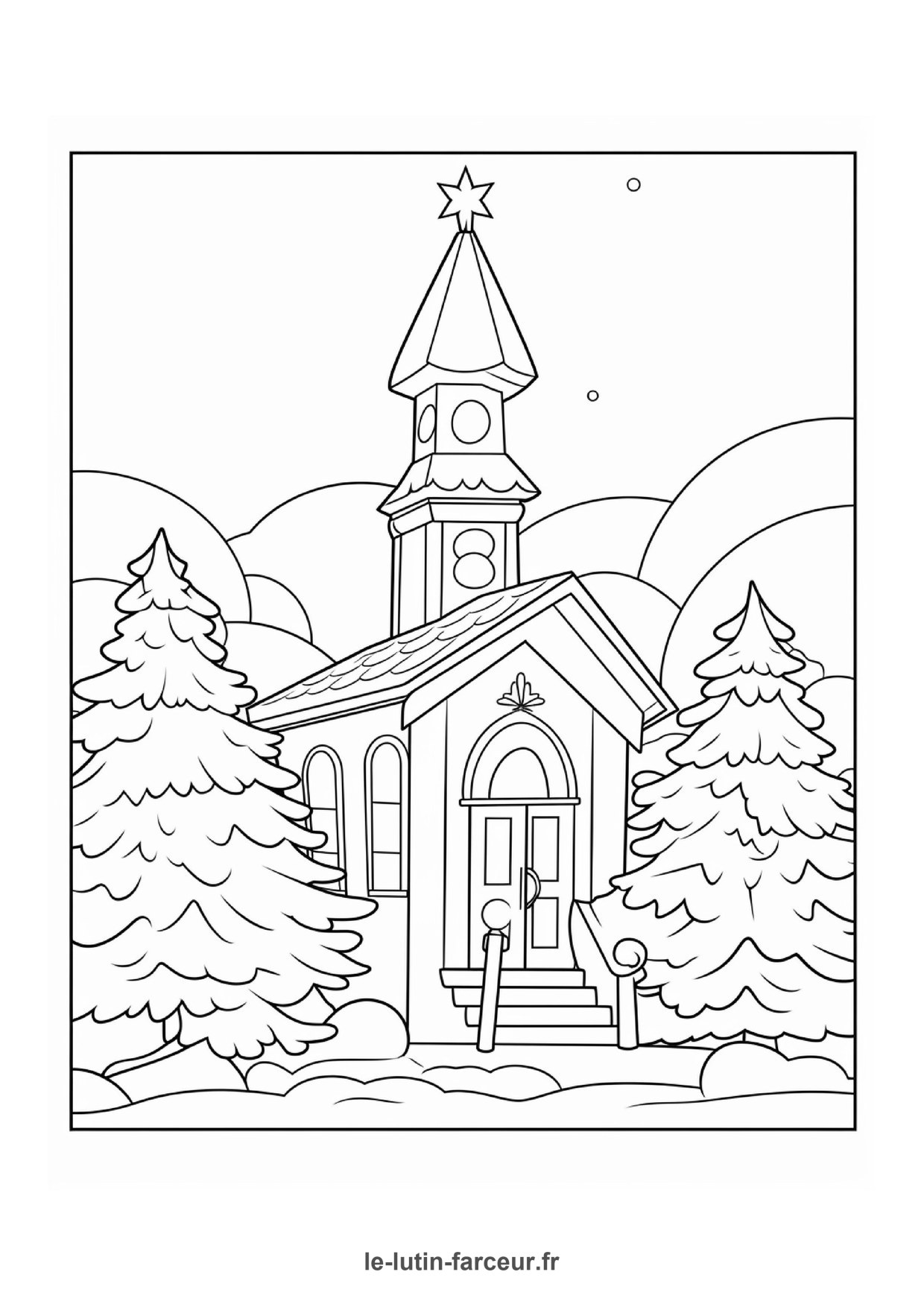 Coloriage de village de Noël : église enneigée paysage, à imprimer et colorier