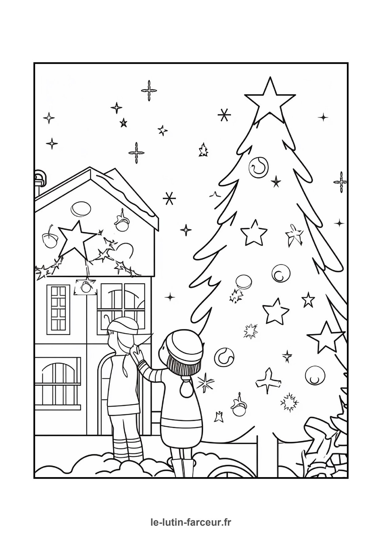 Coloriage de village de Noël : enfant maisons et sapins, à imprimer et colorier