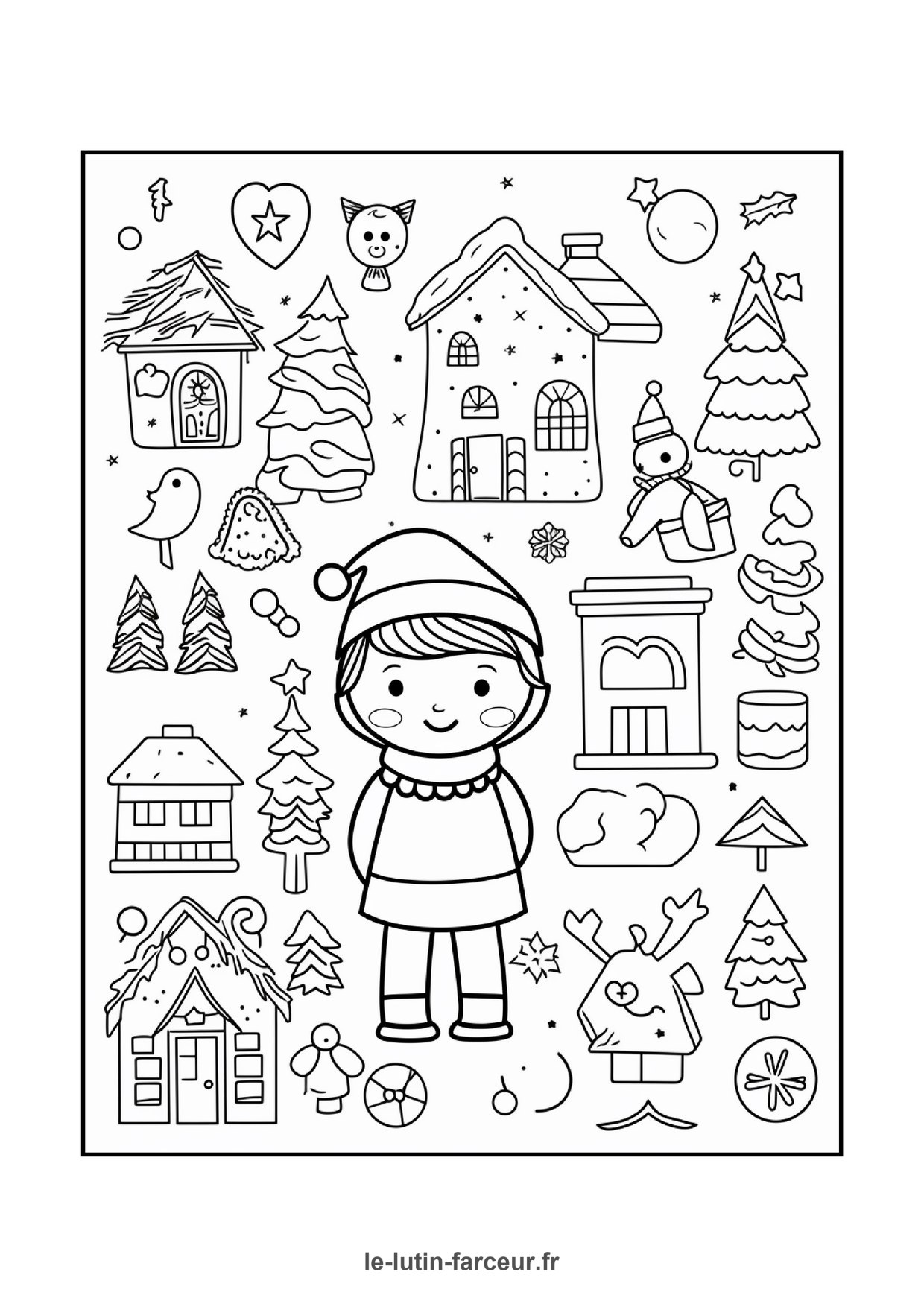 Coloriage de village de Noël : enfant maisons pain d'épice sapins, à imprimer et colorier