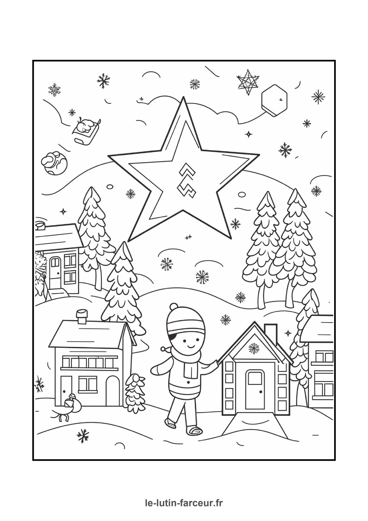 Coloriage de village de Noël : enfant village enneigé étoile, à imprimer et colorier