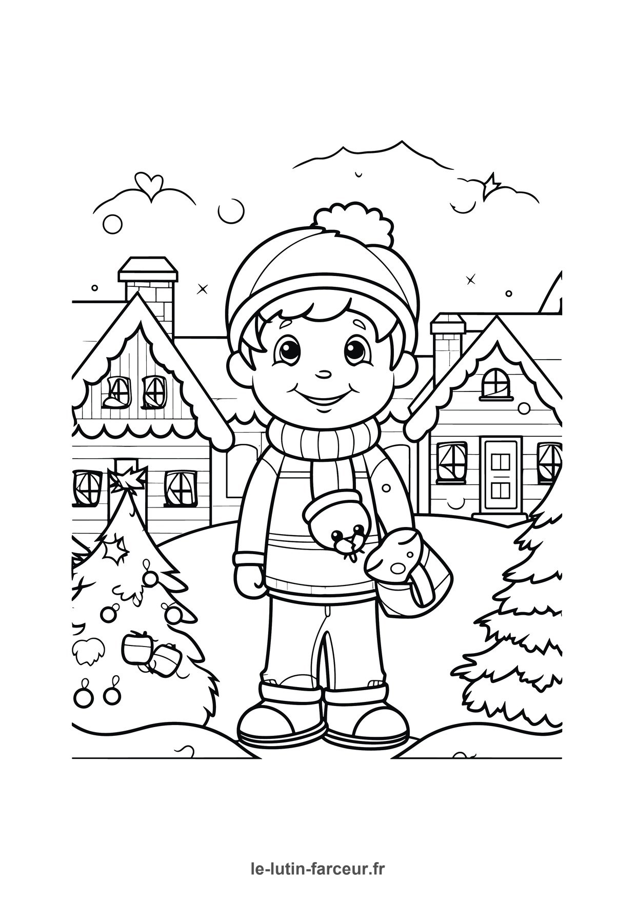 Coloriage de village de Noël : garçon village enneigé sapin, à imprimer et colorier