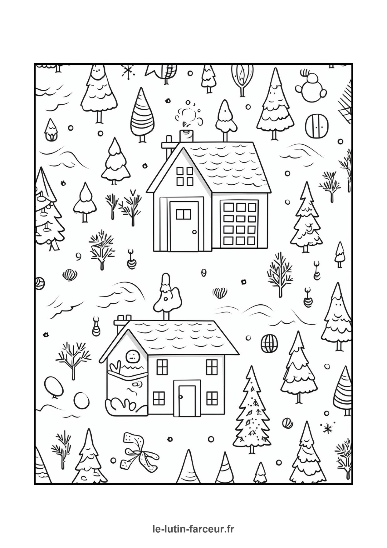 Coloriage de village de Noël : maison et sapins enneigés, à imprimer et colorier