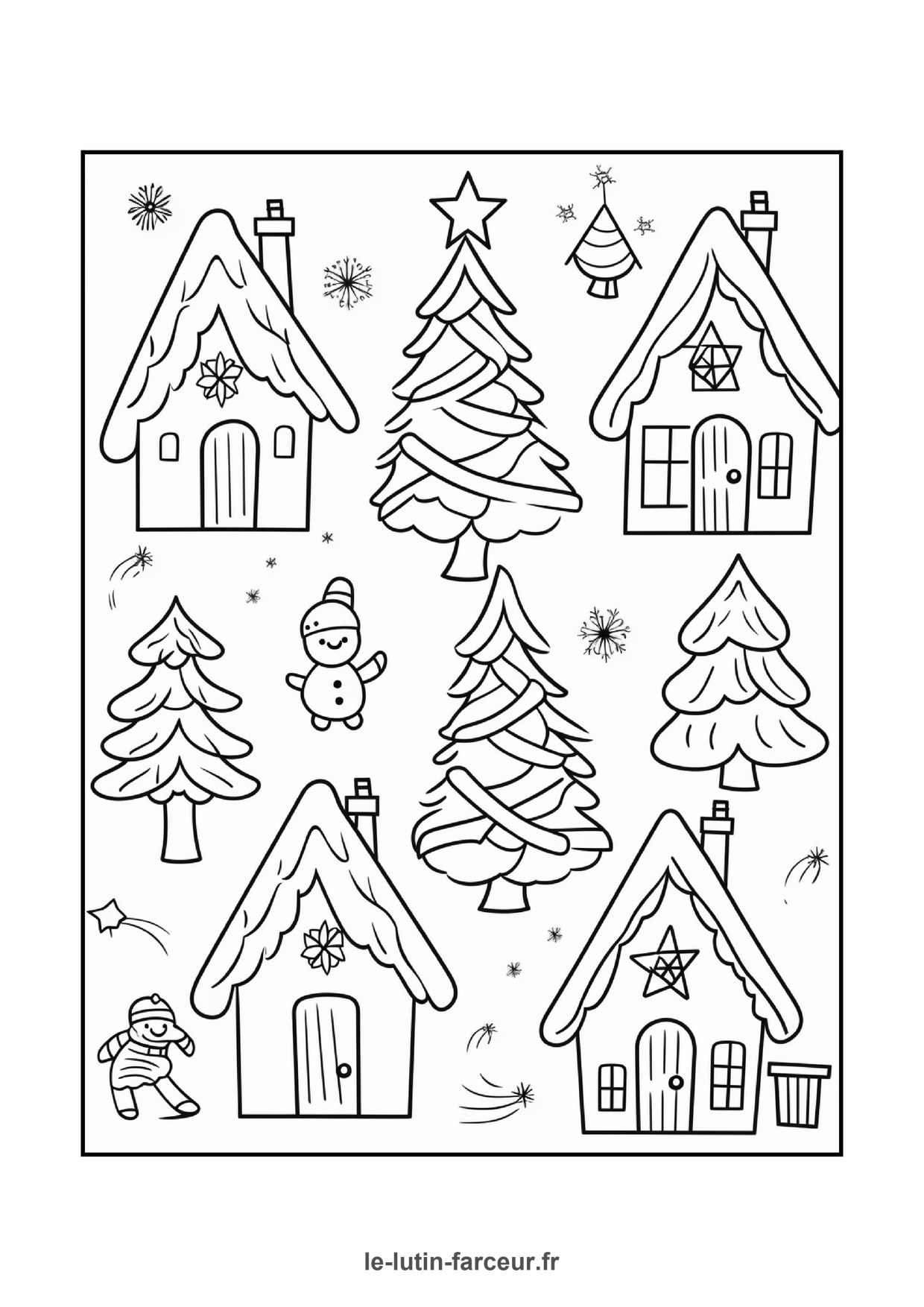 Coloriage de village de Noël : maisons et sapins enneigés, à imprimer et colorier
