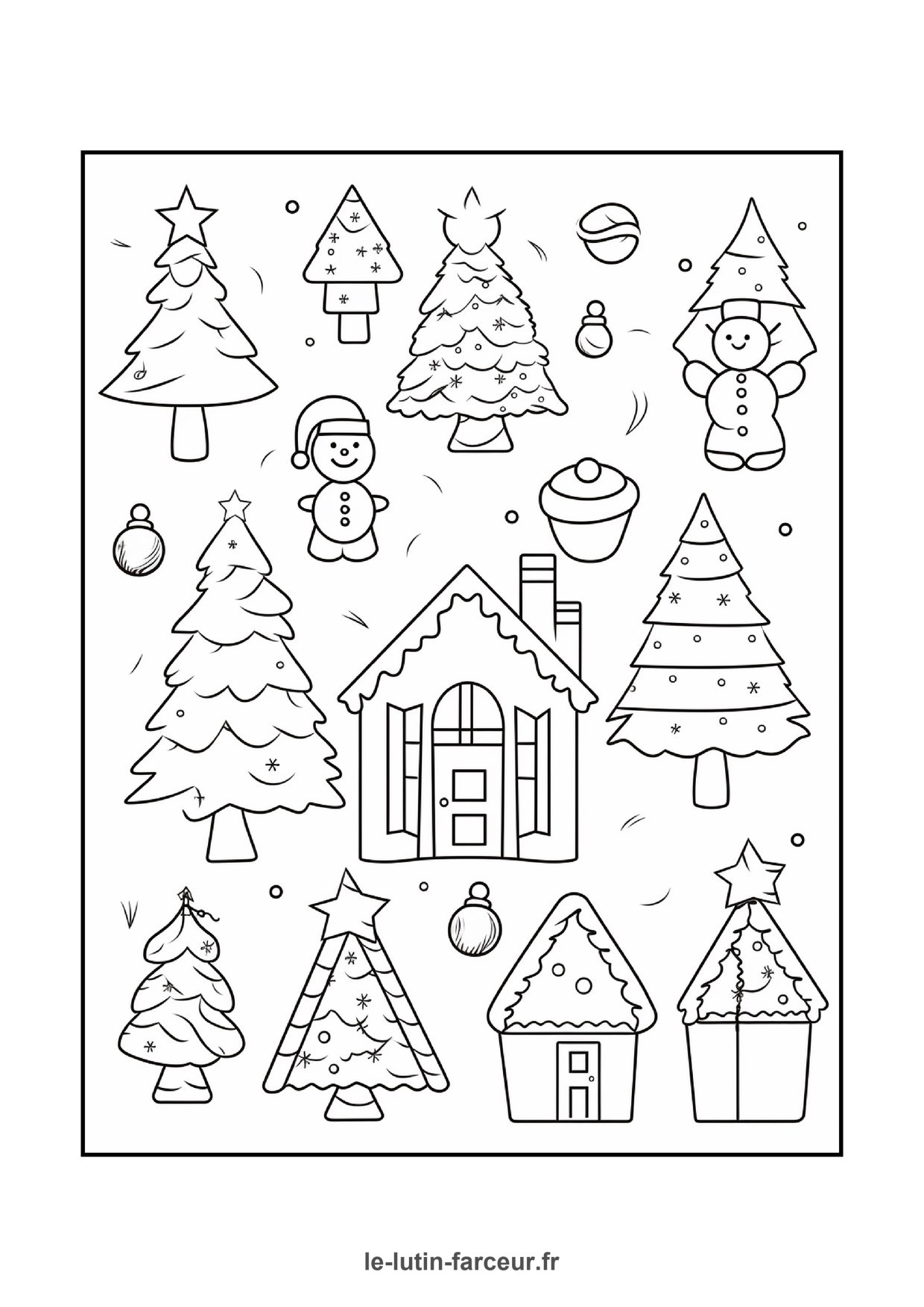 Coloriage de village de Noël : maisons pain d'épice et sapins 2, à imprimer et colorier