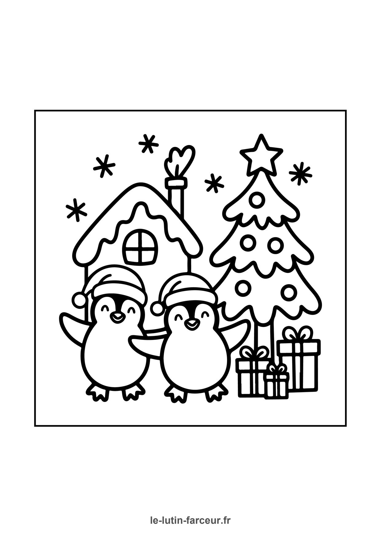 Coloriage de village de Noël : pingouins maisons sapin, à imprimer et colorier