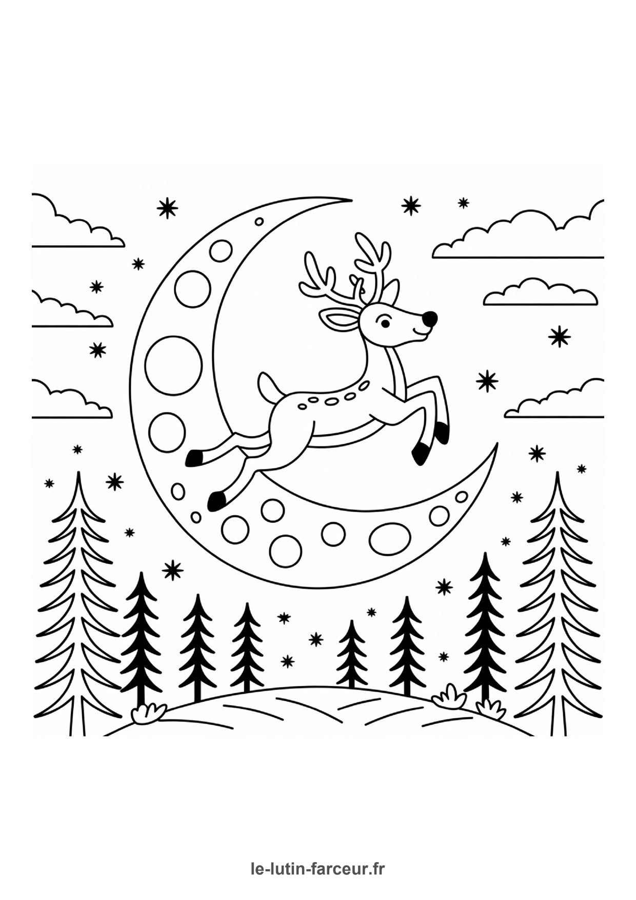Coloriage renne lune sapins
