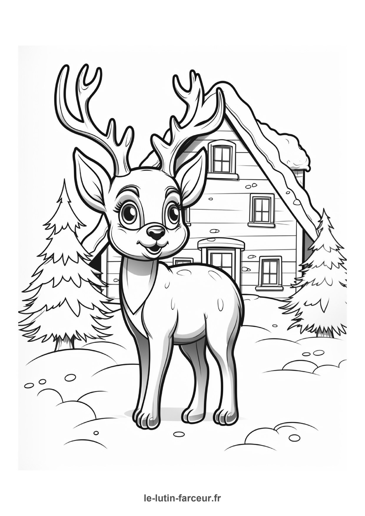 Coloriage renne maison neige