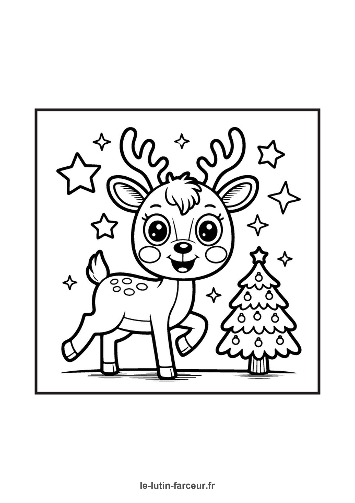 Coloriage renne mignon avec sapin 2