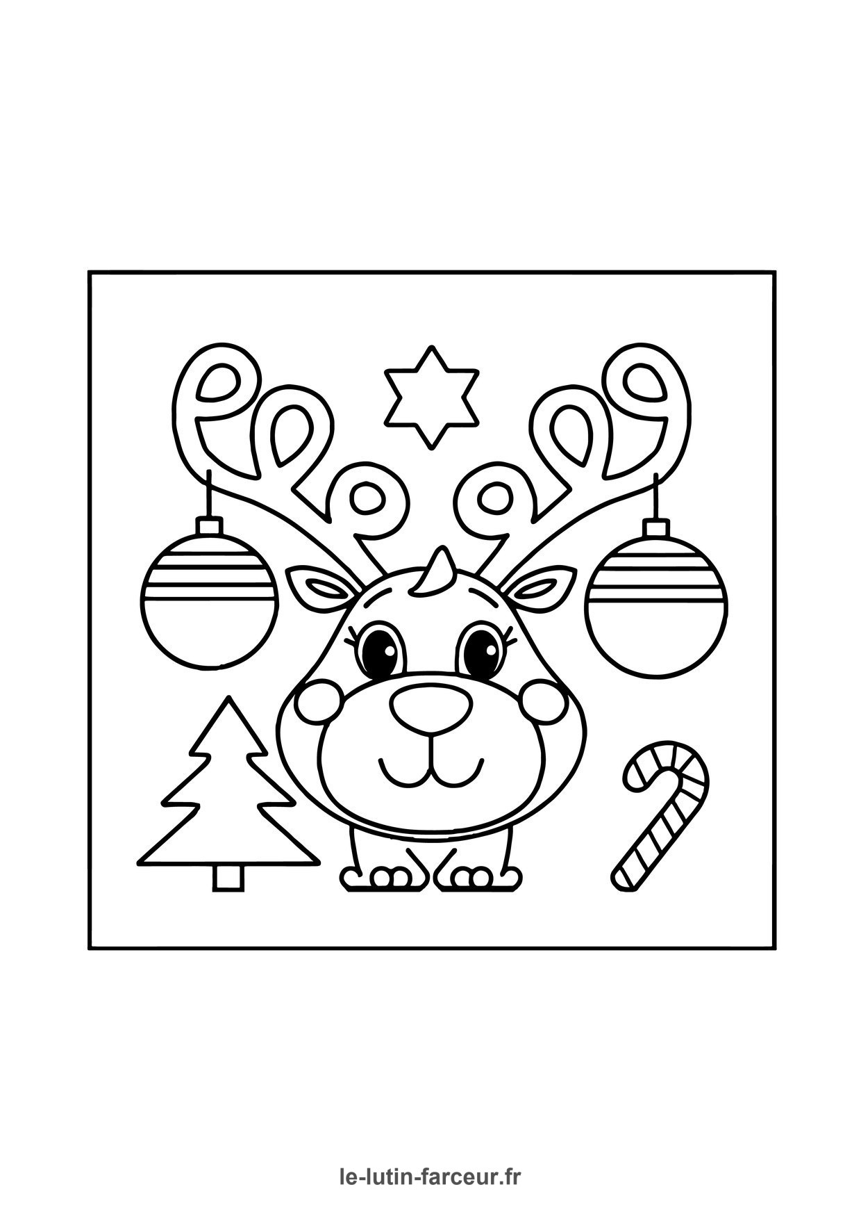 Coloriage renne mignon boules sapin