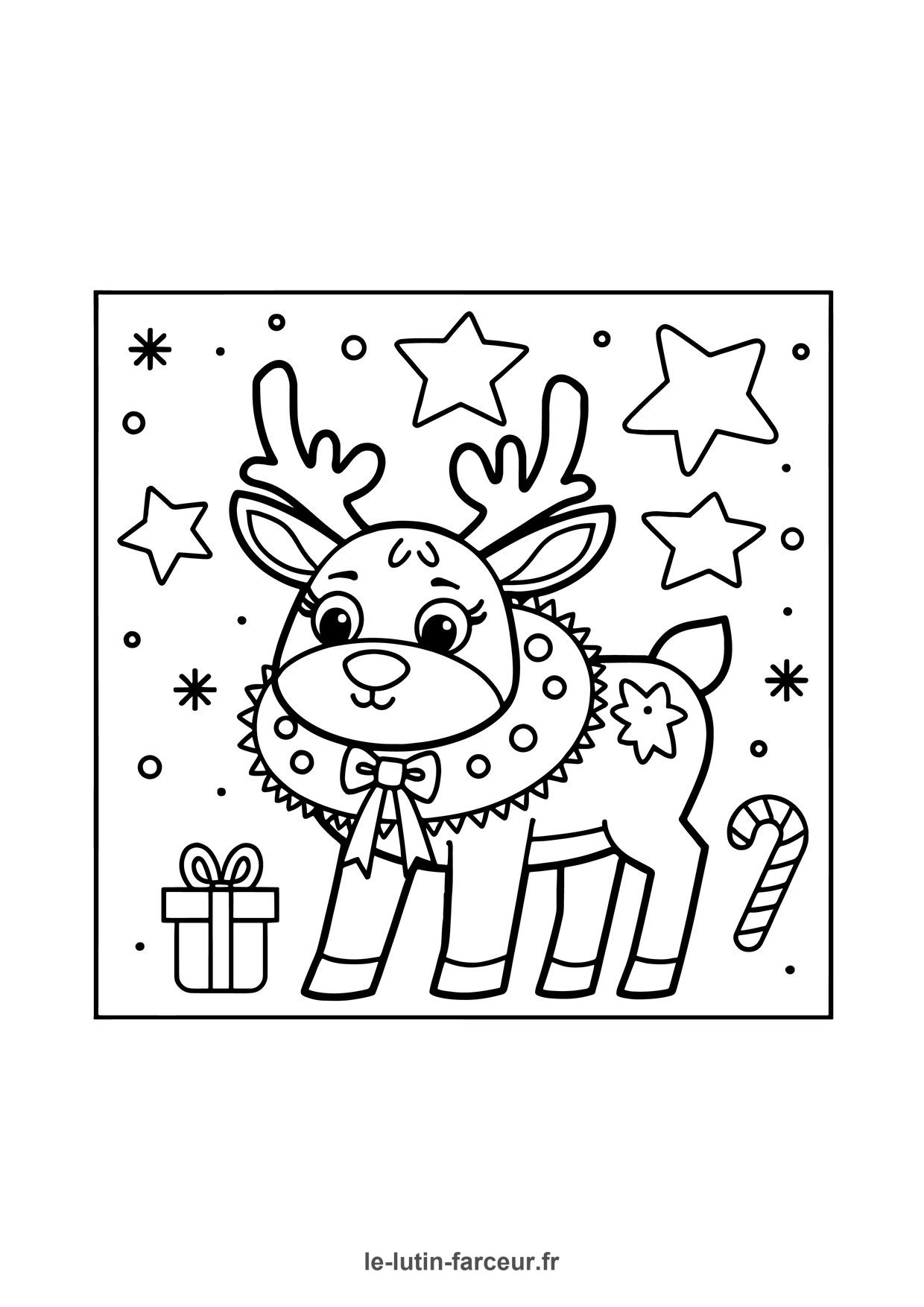Coloriage renne mignon cadeaux canne bonbon
