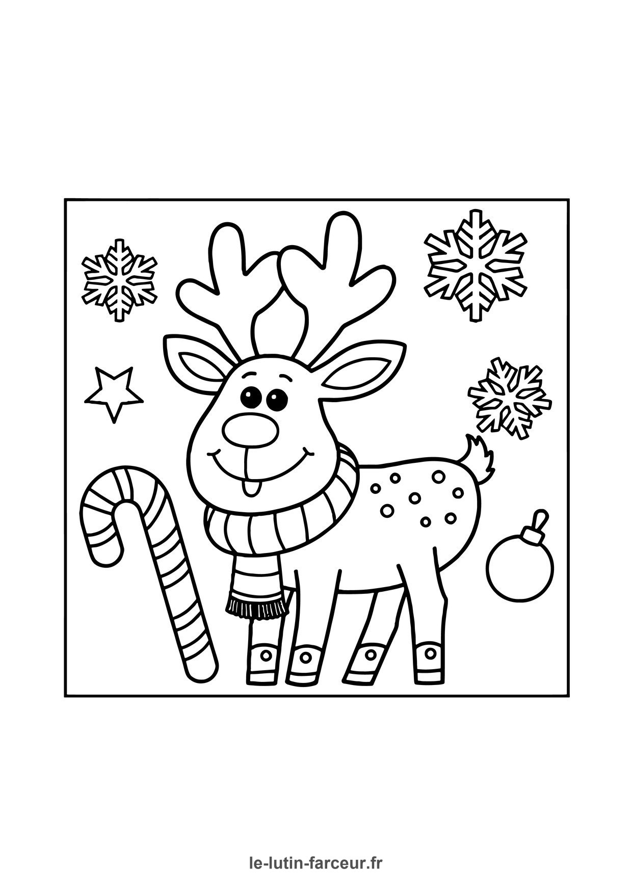 Coloriage renne mignon canne bonbon flocons