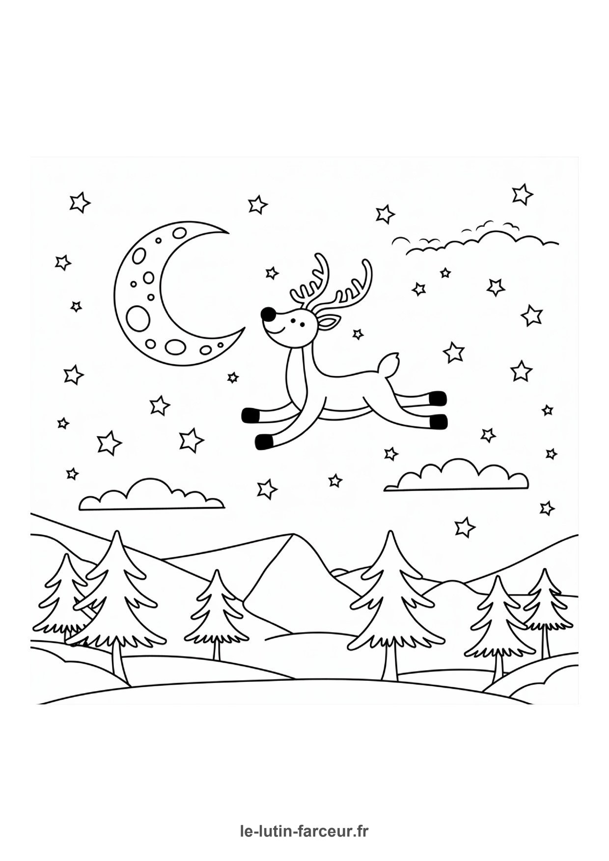 Coloriage renne saute lune paysage