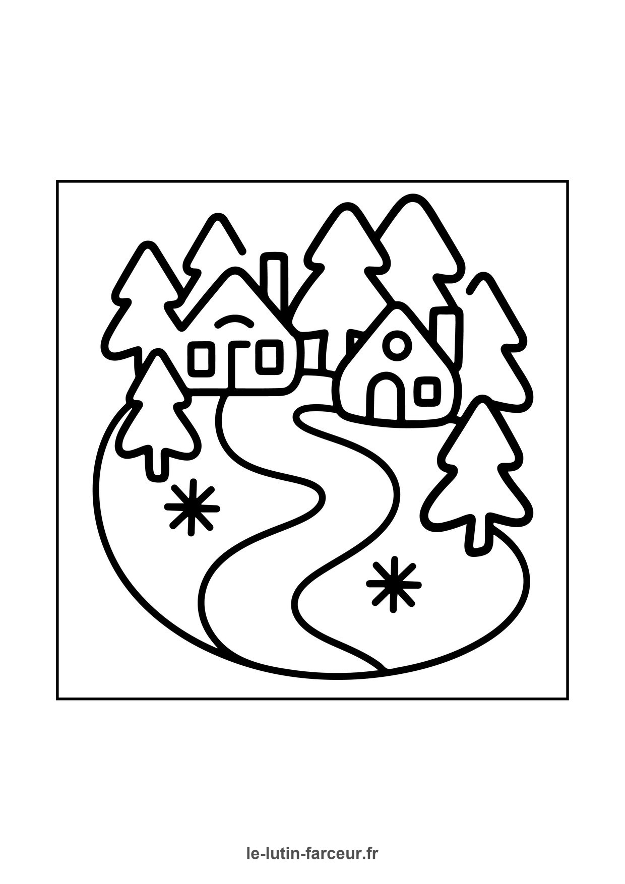 Coloriage de village de Noël : village enneigé maisons sapins, à imprimer et colorier