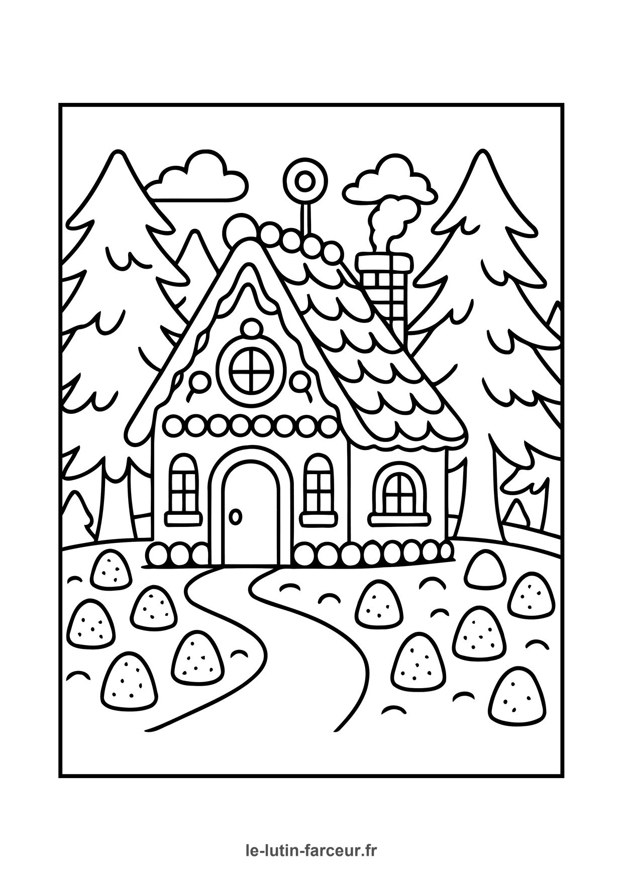 Coloriage de village de Noël : village enneigé maisons, à imprimer et colorier
