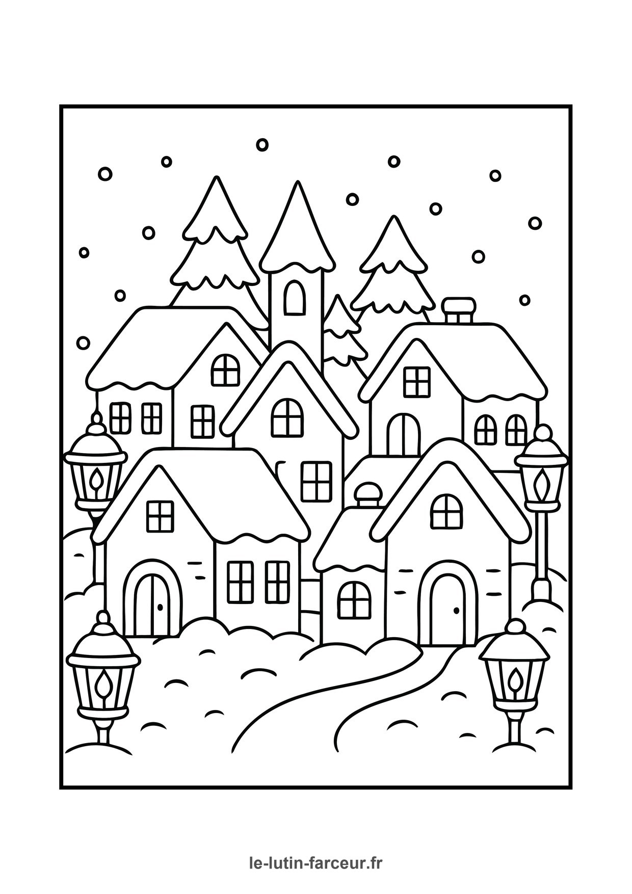 Coloriage de village de Noël : village enneigé nuit, à imprimer et colorier