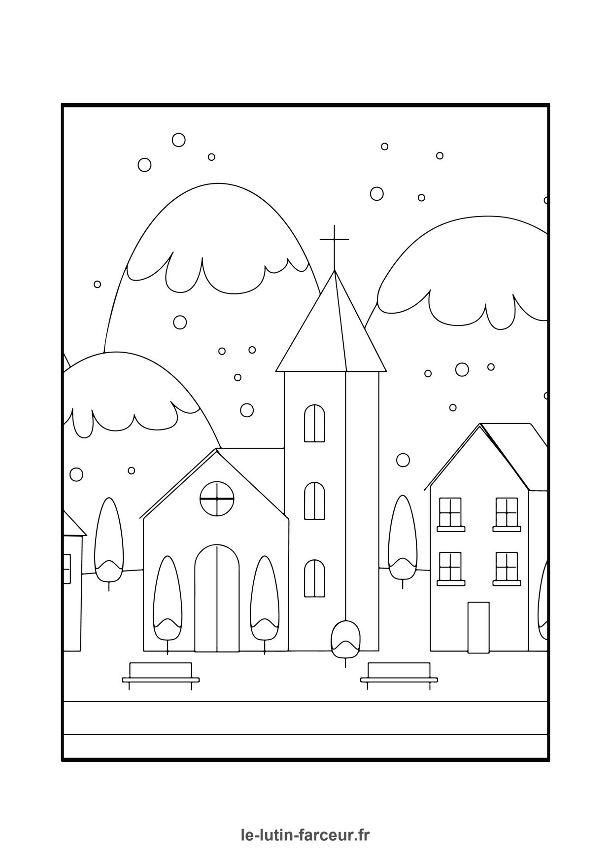 Coloriage de village de Noël : village maisons enneigées, à imprimer et colorier